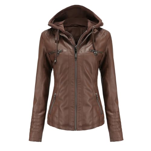 RQPYQF Damen PU Leder Jacke, Motorrad Moto Biker Lederjacke mit Kapuze Reißverschluss Mantel Kurz Leicht Kunstlederjacke WT41 (Coffee, 3XL) von RQPYQF