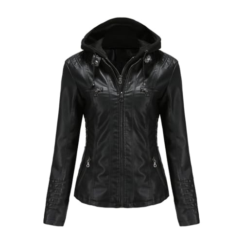 RQPYQF Damen PU Leder Jacke, Motorrad Moto Biker Lederjacke mit Kapuze Reißverschluss Mantel Kurz Leicht Kunstlederjacke WT41 (Schwarz, L) von RQPYQF