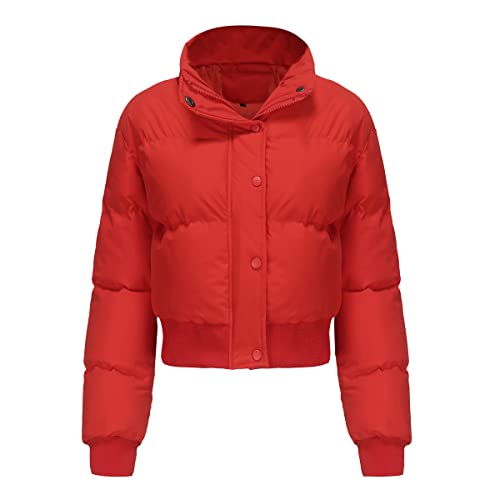 RQPYQF Damen Winterjacke Jacke Kurz Winter Warm Gefüttert Steppjacke Langarm Herbst-Wintermantel mit Taschen (Rot, S) von RQPYQF