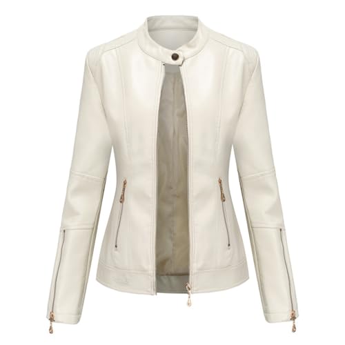 RQPYQF Kunstlederjacke Damen, PU Leder Jacke Motorrad Moto Biker Lederjacke Kunstlederjacke Reißverschluss Mantel Kurz Leicht WT56 (Beige, 3XL) von RQPYQF