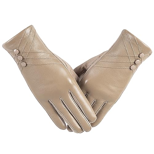 RSHHCXR Winter-Lederhandschuhe für Damen, mit Touchscreen-Texten, warmes Kaschmirfutter, winddicht, Wildleder, Fahrhandschuhe, Beige, Small / Medium von RSHHCXR