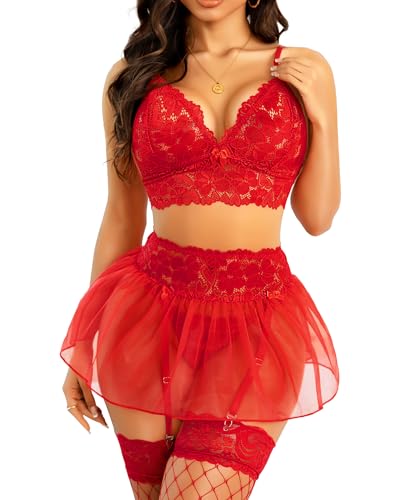 RSLOVE Sexy Damen Dessous Sets - Spitze Babydoll Unterwäsche Netz-Minirock Mit Strumpfhalter Beinbänder Rot L RSLOVE Sexy Damen Dessous Sets - Spitze Babydoll Unterwäsche Netz-Minirock Mit Strumpfhalter Beinbänder Rot L von RSLOVE