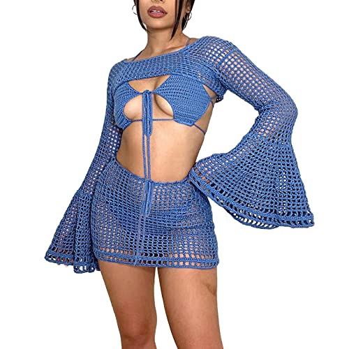 Damen Sommer Y2K Strick 2-teiliges Rock Set Sexy Streifenmuster Tiefer V-Ausschnitt Crop Tops + Hohe Taille Rock E-Girl Streetwear (3Pcs Blue, M) von RTGSE