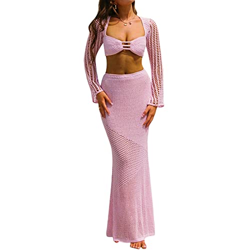 Damen Sommer Y2K Strick 2-teiliges Rock Set Sexy Streifenmuster Tiefer V-Ausschnitt Crop Tops + Hohe Taille Rock E-Girl Streetwear (Long Skirt Pink, L) von RTGSE