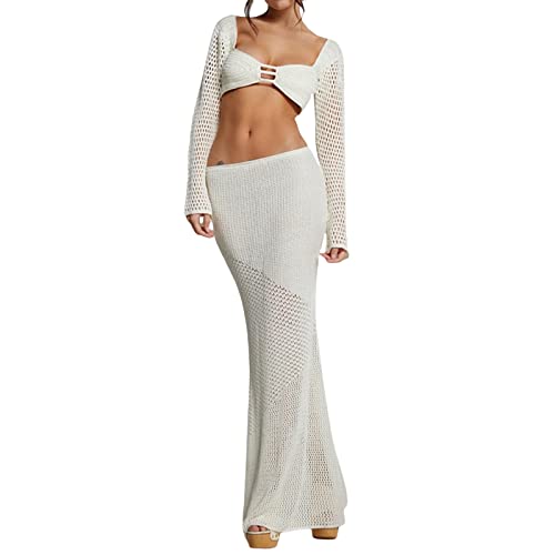 Damen Sommer Y2K Strick 2-teiliges Rock Set Sexy Streifenmuster Tiefer V-Ausschnitt Crop Tops + Hohe Taille Rock E-Girl Streetwear (Long Skirt White, S) von RTGSE