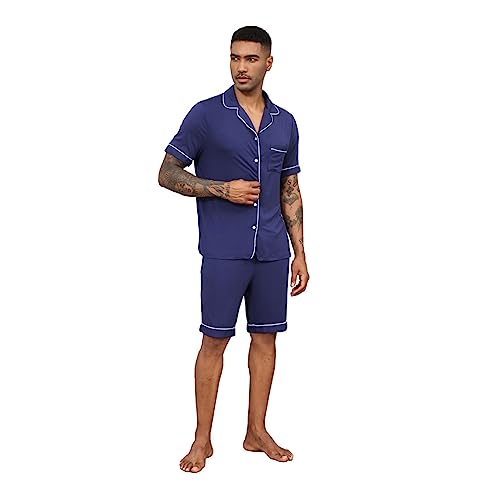 Herren Anzug Kurz Zweiteiliger Schlafanzug Mit V Ausschnitt Knopfleiste Taschen Sommer Kurz Nachtwäsche Shirt & Schlafanzughose Freizeitanzug (Color : Blue, Size : L) von RTHLEQIEE