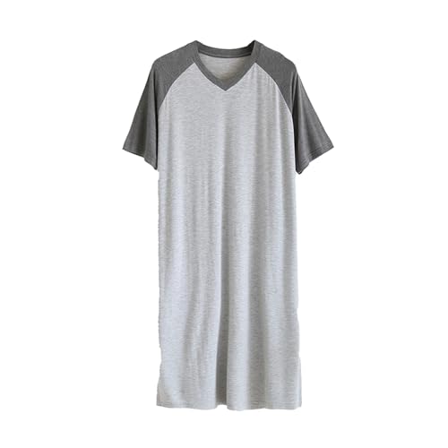 RTHLEQIEE Nachthemd Herren Cotone Einteiliger Schlafanzug Rundhals Kurzarm Männer Nachthemden Spleißen Robes Sleepshirt Bequeme Schlafoveralls,Black Navy,5XL (Color : Light Gray sh Vneck, Size : 4XL) von RTHLEQIEE