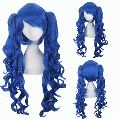 Anime Colorful Long Curly Wig With Claw Ponytail ita Synthetic Hair Black Red Auburn Pink Blue Halloween Party Wigs For Women OneSize blue von RUIRUICOS