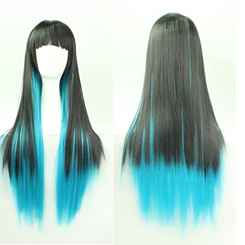 Anime Harajuku ita Long Straight Black Purple Blue Ombre Wig Cosplay Costume Synthetic Hair Wigs With Bangs OneSize blackblueombre von RUIRUICOS