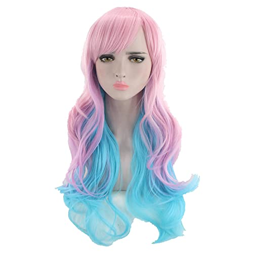 Harajuku ita Long Wavy Rainbow Wig With Bangs Synthetic Hair Cosplay Costume Party Colored Wigs For Women 65cm OneSize pinkblue von RUIRUICOS