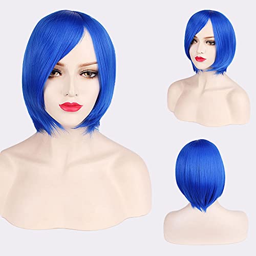 Thick Short Bob Wig Cosplay Costume Synthetic Hair Pink Orange Yellow Grey Black White Blue Purple Wigs For Women OneSize blue von RUIRUICOS