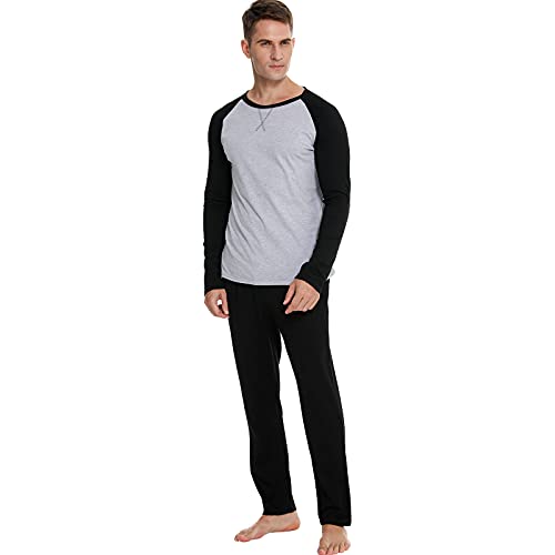 Herren Schlafanzug, Lang Pyjama Set, Langarm mit Bündchen, Baumwolle Zweiteiliger Nachtwäsche, Langarm Shirt mit Rundhals & Volltonfarbe Schlafanzughose Hausanzug Freizeitanzug für Männer S-XXL von RUIRUIY