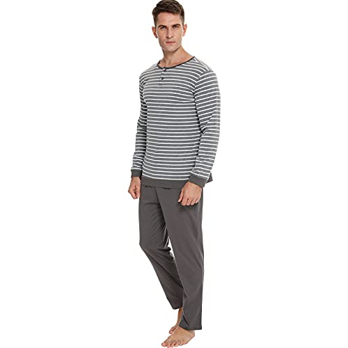 RUIRUIY Herren Schlafanzug Set, Streifen Langarm Rundhals-Nachtwäsche mit Knopf, Baumwolle Zweiteiliger Pyjama Set, Loungewear Bequeme Nachtwäsche Hausanzug S-XXL (Grau, L) von RUIRUIY