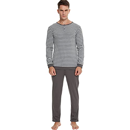 RUIRUIY Schlafanzug Herren Baumwolle,Herren Schlafanzug lang Zweiteiliger Pyjama Set mit Bündchen Warm Nachtwäsche Langarm Shirt & Schlafanzughose für Männer Winter (grau, M) von RUIRUIY