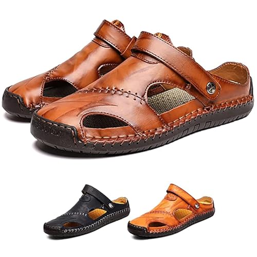 Herren Ledersandalen,Herren Sandalen mit geschlossener Zehe Atmungsaktive Anti-Rutsch Slipper,Sommer Atmungsaktive Strand Wanderschuhe Slipper,Reddish Brown,38 von RUIZE