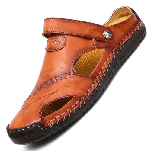 RUIZE Herren Ledersandalen,Herren Sandalen mit geschlossener Zehe Atmungsaktive Anti-Rutsch Slipper,Sommer Atmungsaktive Strand Wanderschuhe Slipper,Reddish brown,39 von RUIZE