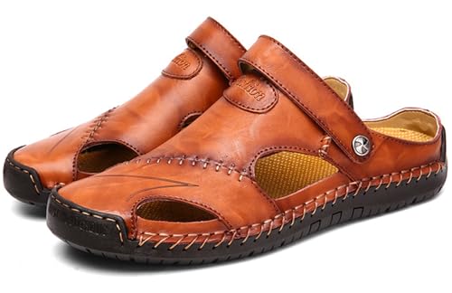 RUIZE Herren Ledersandalen,Herren Sandalen mit geschlossener Zehe Atmungsaktive Anti-Rutsch Slipper,Sommer Atmungsaktive Strand Wanderschuhe Slipper,Reddish brown,40 von RUIZE