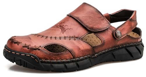 Herren Ledersandalen,Herren Sandalen mit geschlossener Zehe Atmungsaktive Anti-Rutsch Slipper,Sommer Atmungsaktive Strand Wanderschuhe Slipper,Rot,39 von RUIZE