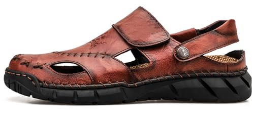 RUIZE Herren Ledersandalen,Herren Sandalen mit geschlossener Zehe Atmungsaktive Anti-Rutsch Slipper,Sommer Atmungsaktive Strand Wanderschuhe Slipper,Rot,41 von RUIZE