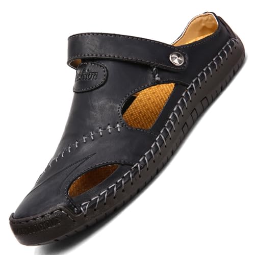 Herren Ledersandalen,Herren Sandalen mit geschlossener Zehe Atmungsaktive Anti-Rutsch Slipper,Sommer Atmungsaktive Strand Wanderschuhe Slipper,Schwarz,38 von RUIZE