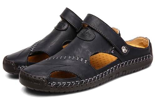 Herren Ledersandalen,Herren Sandalen mit geschlossener Zehe Atmungsaktive Anti-Rutsch Slipper,Sommer Atmungsaktive Strand Wanderschuhe Slipper,Schwarz,40 von RUIZE