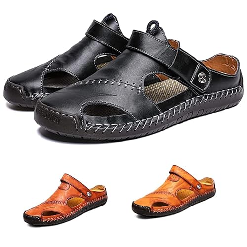 Herren Ledersandalen,Herren Sandalen mit geschlossener Zehe Atmungsaktive Anti-Rutsch Slipper,Sommer Atmungsaktive Strand Wanderschuhe Slipper,Schwarz,41 von RUIZE