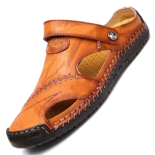 Herren Ledersandalen,Herren Sandalen mit geschlossener Zehe Atmungsaktive Anti-Rutsch Slipper,Sommer Atmungsaktive Strand Wanderschuhe Slipper,Yellowish Brown,38 von RUIZE