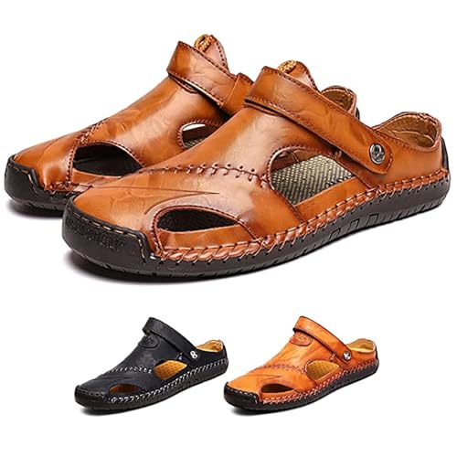 Herren Ledersandalen,Herren Sandalen mit geschlossener Zehe Atmungsaktive Anti-Rutsch Slipper,Sommer Atmungsaktive Strand Wanderschuhe Slipper,Yellowish Brown,39 von RUIZE