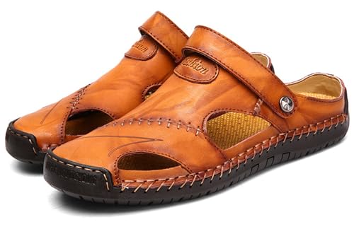 RUIZE Herren Ledersandalen,Herren Sandalen mit geschlossener Zehe Atmungsaktive Anti-Rutsch Slipper,Sommer Atmungsaktive Strand Wanderschuhe Slipper,Yellowish brown,42 von RUIZE