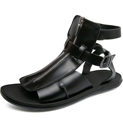 RUIZE Herren-Sandalen mit hohem Schaft, Gladiatorsandalen aus PU-Leder, Sandalen mit Schnürung und Schnalle mit Fußgewölbeunterstützung, flache Strandschuhe mit offener Spitze,Schwarz,38 von RUIZE