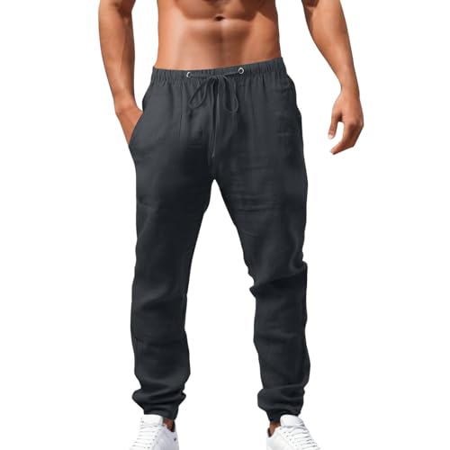 RUMAOZIA Leinen Hose Herren Lange Leicht Sommerhose Leinenhose Einfarbig Strandhose Loose Fit Yoga Hose Mit Taschen Loungewear Bequeme Freizeithose mit Kordelzug Palazzo Hose für Urlaub Alltag von RUMAOZIA