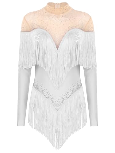 RUNQHUI Damen Latein Tanzkleid Strass Eiskunstlauf Kleid Ballettkleid mit Fransen Langarm Tango Chacha Rumba Salsa Lyrisch Tanzkleid Weiß S RUNQHUI Damen Latein Tanzkleid Strass Eiskunstlauf Kleid Ballettkleid mit Fransen Langarm Tango Chacha Rumba Salsa Lyrisch Tanzkleid Weiß S von RUNQHUI