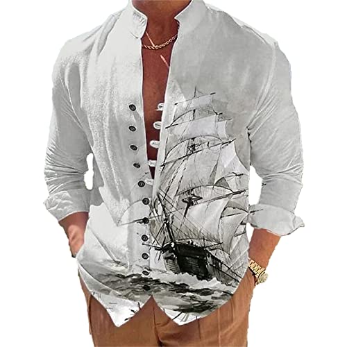 Herren Freizeithemd Vintage Segelboot Grafik Print Stehkragen Langarm-Shirts Mode Spezial Button Down Bluse Top Bequemes Outdoor-Straßenhemd von RWRAPS