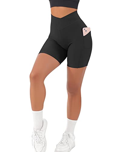 RXRXCOCO Damen Cross Waist Gerippte Kurze Sporthose mit Handytasche Nahtlos Gym Sport Shorts Kurze Laufhose Radlerhose Schwarz Size S von RXRXCOCO