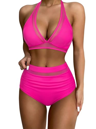 RXRXCOCO Damen Mesh Neckholder Rückenfrei Bauchweg High Waist Bikini Set Push Up Sexy V Ausschnitt Zweiteiliger Badeanzüge Bademode Rosenrot Size L RXRXCOCO Damen Mesh Neckholder Rückenfrei Bauchweg High Waist Bikini Set Push Up Sexy V Ausschnitt Zweiteiliger Badeanzüge Bademode Rosenrot Size L von RXRXCOCO