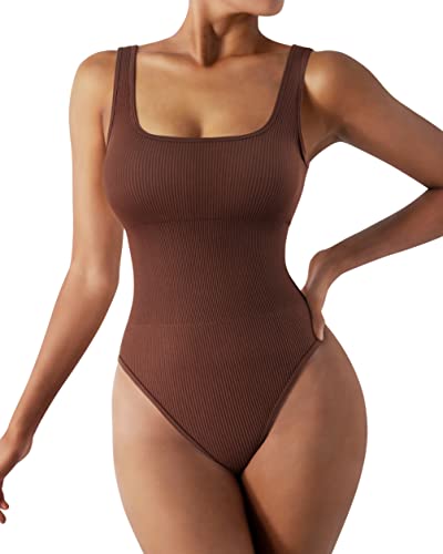 RXRXCOCO Gerippte Shapewear Damen Body Square Neck Tanga Rückenfreie Shapewear Bauchweg Stark Formend Tank Bodysuit Body Shaper Braun S von RXRXCOCO