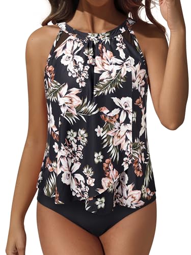 RXRXCOCO Mesh Tankini Damen Bauchweg Ruffle High Waisted Zweiteilig Bademode Blumen Schwarz Size L von RXRXCOCO