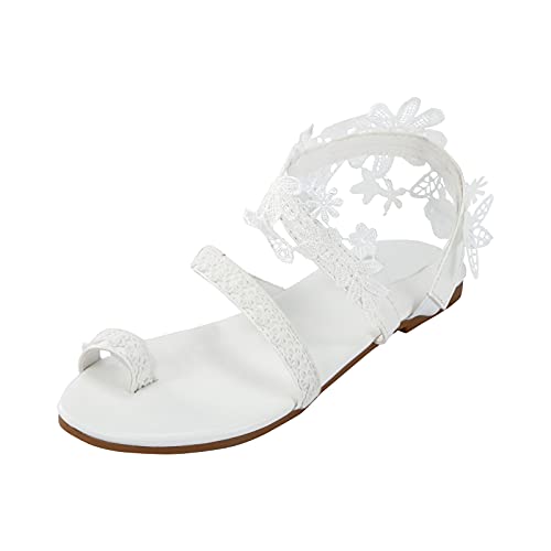 Damen Sandalette Riemchen Flache Sommer Spitzenblume Sandaletten Böhmen Strandsandalen Elegante Sandaletten Freizeit Zehe Ring Gladiator Riemchensandalen Vintage Römersandalen von RYTEJFES