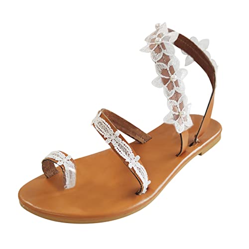 Damen Sandalette Riemchen Flache Sommer Spitzenblume Sandaletten Böhmen Strandsandalen Elegante Sandaletten Freizeit Zehe Ring Gladiator Riemchensandalen Vintage Römersandalen von RYTEJFES