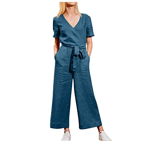 Jumpsuit Damen Sommer Lang Elegant Locker Kurz 7/8 Länge Leinen Sportlich Weites Bein Weiß Schwarz Große Größen Kurzarm Lässiger Onesie Bodysuit Arbeitshose Streetwear Overall Romper Latzhose von RYTEJFES