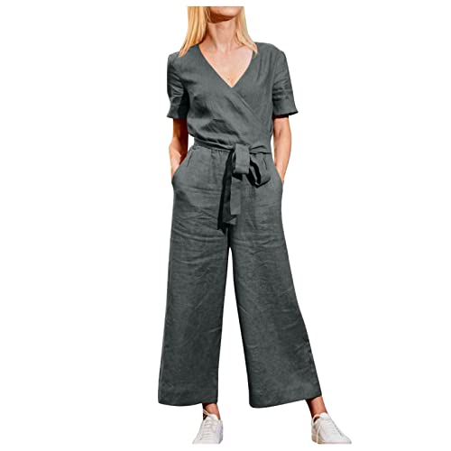 Jumpsuit Damen Sommer Lang Elegant Locker Kurz 7/8 Länge Leinen Sportlich Weites Bein Weiß Schwarz Große Größen Kurzarm Lässiger Onesie Bodysuit Arbeitshose Streetwear Overall Romper Latzhose von RYTEJFES