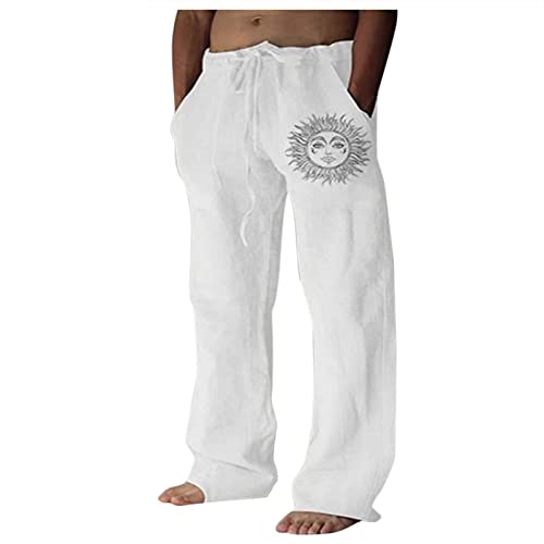 Leinenhosen Herren Lang Leichte Sommerhose Loose Baumwolle Freizeithose Strand Lange Hose Große größen Kordelzug Tasche Stoffhose Bequem Einfarbig Strandhosen Relaxhose von RYTEJFES