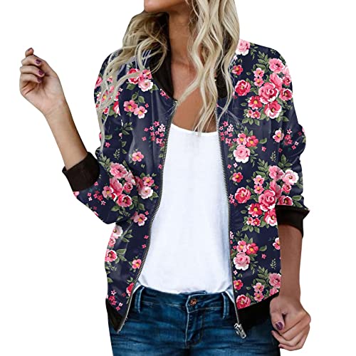 RYTEJFES Bomberjacke Damen Leicht mit Reißverschluss Freizeit Langarm Fliegerjacke Blouson Blumen Gedruckt Mantel Retro College-Jacke Herbst Cardigan Stehkragen Outwear Sweatjacke von RYTEJFES