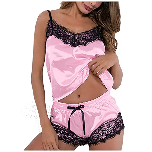 Damen Pyjama Set Satin Sexy Nachtwäsche Kurz Loungewear Cami Top mit Hosen Sets Lässige Weiche Dessous Einfarbig Sleepwear Sommer Sleepshirt Frauen Mädchen Unterwäsche Nachthemden von RYTEJFES