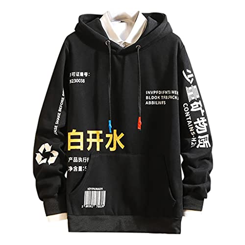 RYTEJFES Herren Hip Hop Hoodie Japanischer Streetwear Jumper Alphabetdruck Langarm Kapuzenpullover mit Känguru-Tasche Mode Beiläufig Oversized Hoodie Sweatshirt Kapuzenpulli top (Black, M) von RYTEJFES