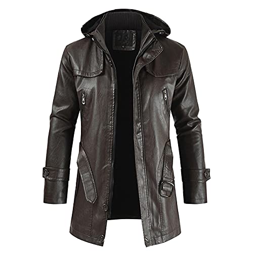 RYTEJFES Herren Lederjacke Lange mi Kapuze PU-Leder Trenchcoat Zipper Motorradjacke Herrenjacke mit Gürtel Bomberjacke Übergangsjacke Winddicht Wasserdicht Funktionsjacke Bikerjacke von RYTEJFES