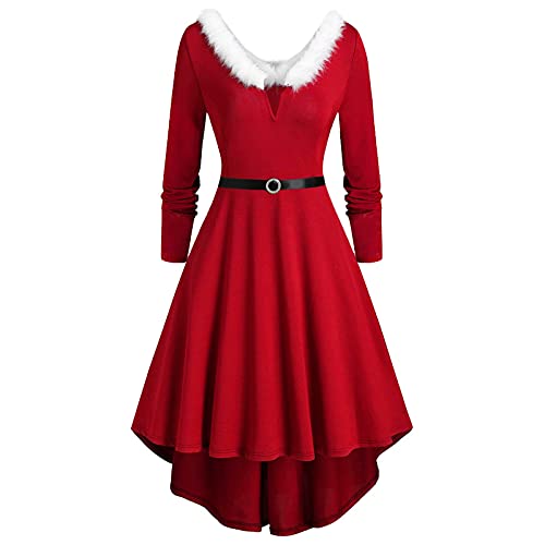 RYTEJFES Weihnachtskleid Damen Langarm Rot Weihnachten Party Kleider V-Ausschnitt Weihnachtsmann Kostüm Samt Kleid Weihnachtskleider Weihnachtsfrau Midi Kleid Tunika Elegant Abendkleid Partykleid von RYTEJFES