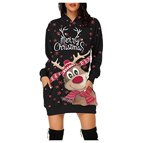 Weihnachten Pullover Kleid Damen Langer Weihnachtspullover Lustig Druck Hoodiekleider für Frauen Langarm Midi-Länge Weihnachten Weihnachtspulli-Kleid mit Kapuze Herbst Winter Weihnachtskleid von RYTEJFES