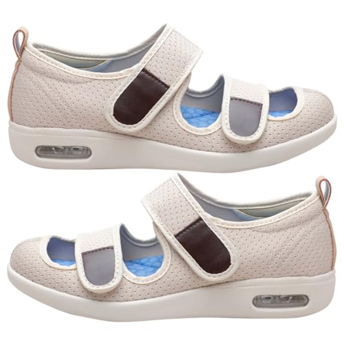 RZYW Klettsandale Verband- und Rehaschuhe Bequeme Schuhe Damen breite füße Atmungsaktive Mesh-Up-Plateau-Turnschuhe Diabetiker Schuhe extra weit Bequeme breite Herrenschuhe,Beige,36 EU von RZYW