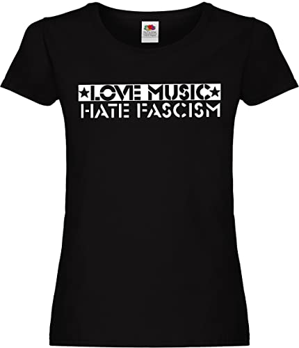 Love Music Hate Fascism Ladies T-Shirt, Schwarz, Größe L von Racker-n-Roll